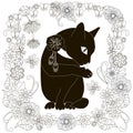 Black cat in flower frame monochrome sketch, coloring page antistress stock vector illustration for print Royalty Free Stock Photo