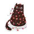 Black cat with garland lights bulb. Star Kitty kitten. Merry Christmas. Funny Kawaii cat. Cute cartoon baby character