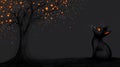 Black cat gazing at a mystical tree with glowing orbs dark background Royalty Free Stock Photo