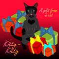 Black cat in gifts. Gifts - boxes with bows. Animals and gifts for the holidays.