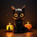a black cat with glowing eyes sits in front of a halloween pumpkin
