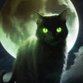 a black cat with glowing green eyes sitting in front of a full moon with clouds and grass in the foreground Royalty Free Stock Photo