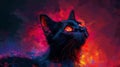 Black cat with glowing red eyes in a vibrant cosmic setting