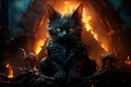 Black cat in the Gothic style on a background of fire. Scary picture for halloween. AI generation