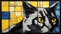 Black cat graffiti painted on blue and yellow wall art abstract background. By Generative AI. Royalty Free Stock Photo