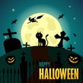 Black Cat in the Graveyard Halloween Vector Landscape in the Midnight Horror