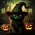 Black Cat with Green Eyes in a Hat and Haunted Setting. Generative AI Royalty Free Stock Photo