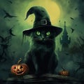 Black Cat with Green Eyes in a Hat and Haunted Setting. Generative AI Royalty Free Stock Photo