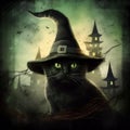 Black Cat with Green Eyes in a Hat and Haunted Setting. Generative AI Royalty Free Stock Photo