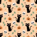 Black Cat  Halloween Pumpkins and Skull Seamless Pattern Royalty Free Stock Photo