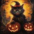 Black cat in halloween with a witch hat and pumpkins.Halloween cat illustration, banner or template Royalty Free Stock Photo