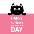 Black cat hanging on board signboard. Cute cartoon funny kitten kitty hiding behind paper. Happy Valentines Day. Calligraphy lette Royalty Free Stock Photo