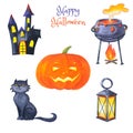 Black cat, haunted house, Jack O Lantern, a cauldron for decoration. Royalty Free Stock Photo