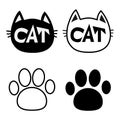 Black cat head face contour silhouette icon set. Line pictogram. Empty temlate. Paw print track. Cute funny cartoon character. Kit Royalty Free Stock Photo