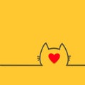 Black cat head face contour silhouette line icon. Big red heart. Cute cartoon character. Kitty kitten with whisker Baby pet Yellow Royalty Free Stock Photo