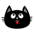 Black cat head face icon looking up. Red tongue. Surprised emotion. Cute cartoon character. Pet baby collection card. Flat design. Royalty Free Stock Photo