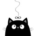 Black cat head face looking at bow hanging on thread. Cute cartoon funny character. Kawaii animal. Playing game.Pet baby Royalty Free Stock Photo