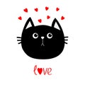 Black cat head icon. Red heart set. Cute funny cartoon character. Valentines day Word love Greeting card. Sad emotion. Kitty Whisk Royalty Free Stock Photo