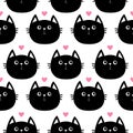 Black cat head with little pink heart. Cute cartoon character. Baby pet collection. Seamless Pattern Wrapping paper, textile Royalty Free Stock Photo