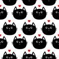 Black cat head with little red heart. Cute cartoon character. Baby pet collection. Seamless Pattern Wrapping paper, textile Royalty Free Stock Photo