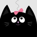 Black Cat Head Looking At Pink Bow Hanging On Thread. Cute Cartoon Character. Pet Baby Collection Card. Flat Design.