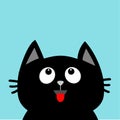 Black cat head looking up. Red tongue. Surprised emotion. Cute cartoon character. Pet baby collection Card. Flat design. Blue sky Royalty Free Stock Photo