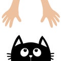 Black cat head looking up to human hand. Cute cartoon funny character. Kawaii animal. Adoption helping hands concept. Love Greetin Royalty Free Stock Photo