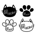 Black cat head. Meow lettering contour text. Paw print. Cute cartoon character silhouette icon set. Kawaii animal. Baby pet collec