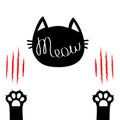 Black cat head. Meow lettering contour text. Two paw print leg foot. Bloody claws scratching animal Cute cartoon character Royalty Free Stock Photo