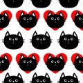 Black cat head with red heart. Cute cartoon character. Baby pet collection. Seamless Pattern Wrapping paper, textile template. Royalty Free Stock Photo