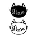 Black cat head silhouette contour set. Meow lettering text. Cute cartoon character . Kawaii animal. Baby pet collection. Royalty Free Stock Photo