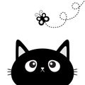 Black cat head silhouette looking at butterfly insect. Dash line track with loop. Cute cartoon character. Pet baby collection Card Royalty Free Stock Photo