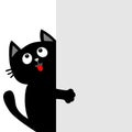 Black cat holding big empty signboard. Looking up. Cute cartoon funny kitten kitty hiding behind paper wall. Flat design. Typograp Royalty Free Stock Photo