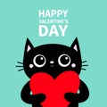 Black cat holding big red heart. Happy Valentines Day. Cute cartoon character. Kitty kitten. Funny Kawaii animal. Baby card. Pet Royalty Free Stock Photo