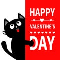 Black cat holding big signboard. Looking up. Cute cartoon funny kitten kitty hiding behind paper. Valentines Day Calligraphy lette Royalty Free Stock Photo