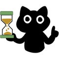 A black cat holding an hourglass clocks with sand. Time management. Royalty Free Stock Photo