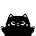 Black cat holding paw print up. Cute face head silhouette icon. Pink little nose, ears. Big eyes. Cartoon kawaii baby character. Royalty Free Stock Photo