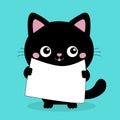 Black cat holding placard blank sign paper with paws. Web banner template. Kitten with big eyes. Cute cartoon funny baby character Royalty Free Stock Photo