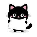 Black cat holding placard blank sign paper with paws. Web banner template. Kitten with big eyes. Kawaii pet animal. Cute cartoon Royalty Free Stock Photo