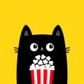 Black cat holding popcorn box. Cute cartoon funny character. Cinema theater. Film show. Kitten watching movie. Kids print for Royalty Free Stock Photo