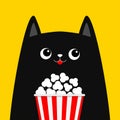 Black cat holding popcorn box. Cute cartoon funny character. Cinema theater. Pop corn. Kitten watching movie. Film show. Kids Royalty Free Stock Photo