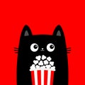 Black cat holding popcorn box. Cute cartoon funny character. Kitten watching movie. Cinema theater. Film show. Kids print for Royalty Free Stock Photo