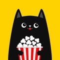 Black cat holding popcorn box. Cute cartoon funny character. Kitten watching movie. Cinema theater. Pop corn. Film show. Kids Royalty Free Stock Photo