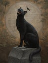 A black cat howling atop a avestone with a phrase in an ancient language. Gothic art. AI generation