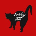 Black cat with inscription on back Friday the 13th on red background, vector eps 10 Royalty Free Stock Photo