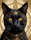 Black cat with intricate mechanical gears and steampunk design, gold and bronze accents, close up view, futuristic art