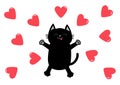 Black cat jumping or making snow angel. Heart icon set. Happy Valentines day. Love card. Cute cartoon funny character. Kawaii pet Royalty Free Stock Photo