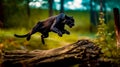 Black cat is jumping over log in the middle of forest. Generative AI Royalty Free Stock Photo
