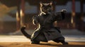 A black cat in a black karate costume exudes a sense of stealth and strength, ready for action