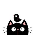 Black cat kitten face head looking at funny bird. Cute cartoon character. Kawaii baby pet animal. Scandinavian style. Notebook Royalty Free Stock Photo